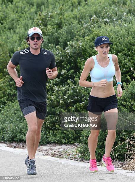 Presenter, James Tobin enjoys a run with a running partner on February 15, 2016 in Sydney, Australia.