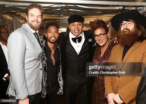 Singer Miguel and host LL Cool J and singer pose with musicians Steve Johnson, Brittany Howard, and Zac Cockrell of Alabama Shakes attend The 58th...