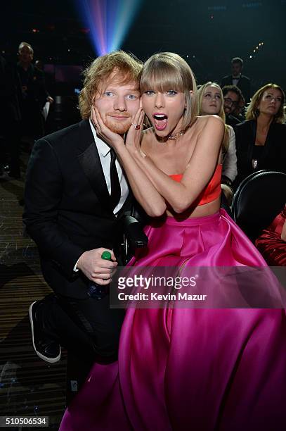 Ed Sheeran and Taylor Swift attend The 58th GRAMMY Awards at Staples Center on February 15, 2016 in Los Angeles, California.