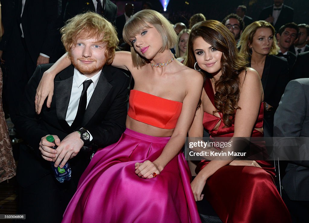 Ed Sheeran, Taylor Swift and Selena Gomez attend The 58th GRAMMY... News Photo - Getty Images