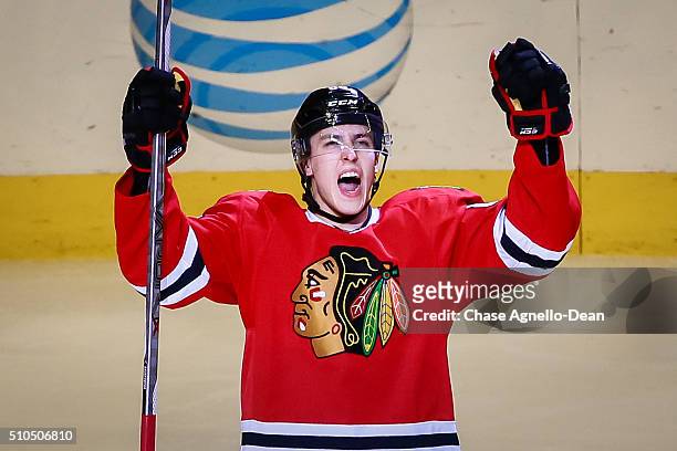 Teuvo Teravainen of the Chicago Blackhawks reacts after scoring in the third period of the NHL game against the Toronto Maple Leafs at the United...