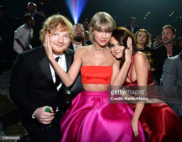 Ed Sheeran, Taylor Swift and Selena Gomez attend The 58th GRAMMY Awards at Staples Center on February 15, 2016 in Los Angeles, California.