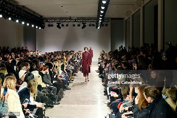 Models walk the runway at the Zac Posen Autumn Winter 2016 fashion show during New York Fashion Week on February 15, 2016 in New York, United States.