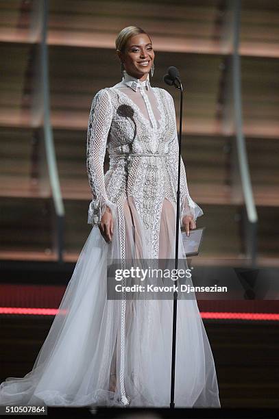 Singer Beyonce speaks onstage during The 58th GRAMMY Awards at Staples Center on February 15, 2016 in Los Angeles, California.