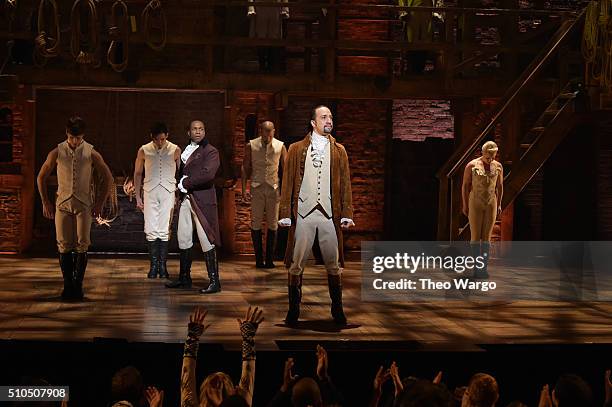 Actor Leslie Odom, Jr. And actor, composer Lin-Manuel Miranda perform on stage during "Hamilton" GRAMMY performance for The 58th GRAMMY Awards at...