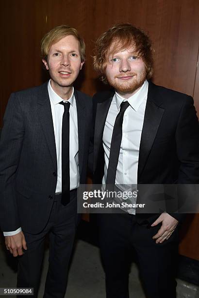 Recording artists Beck and Ed Sheeran attend The 58th GRAMMY Awards at Staples Center on February 15, 2016 in Los Angeles, California.