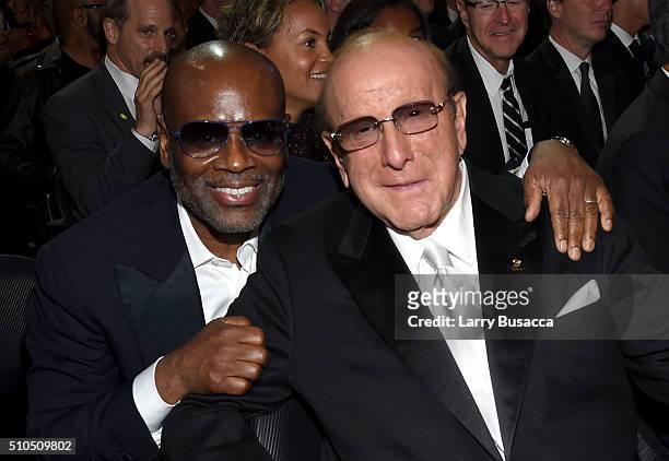 Record executive L.A. Reid and music executive Clive Davis attend The 58th GRAMMY Awards at Staples Center on February 15, 2016 in Los Angeles,...
