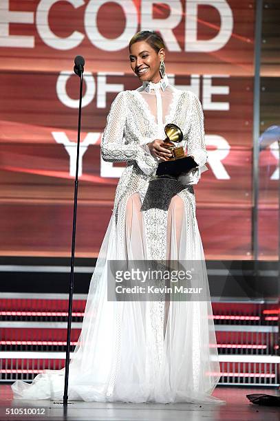 Recording artist Beyonce presents the award for Record of the Year onstage during The 58th GRAMMY Awards at Staples Center on February 15, 2016 in...