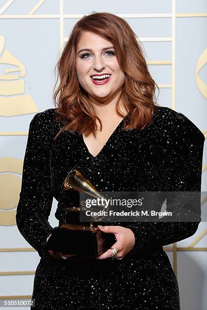 Singer Meghan Trainor, winner of the Best New Artist award, poses in the press room during The 58th GRAMMY Awards at Staples Center on February 15,...