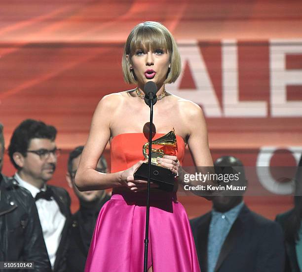 Taylor Swift accepts award onstage during The 58th GRAMMY Awards at Staples Center on February 15, 2016 in Los Angeles, California.