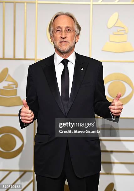 President of the National Academy of Recording Arts and Sciences Neil Portnow poses in the press room during The 58th GRAMMY Awards at Staples Center...