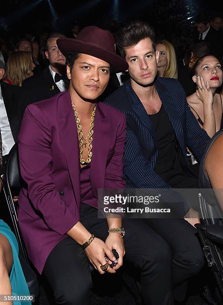 Musicians Bruno Mars and Mark Ronson attend The 58th GRAMMY Awards at Staples Center on February 15, 2016 in Los Angeles, California.