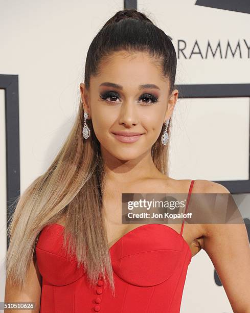 Singer Ariana Grande arrives at The 58th GRAMMY Awards at Staples Center on February 15, 2016 in Los Angeles, California.