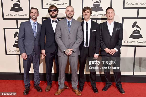 Musicians Matt Greiner, Dustin Davidson, Jake Luhrs, JB Brubaker and Brent Rambler of August Burns Red attend The 58th GRAMMY Awards at Staples...