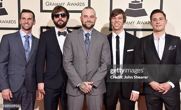 Musicians Matt Greiner, Dustin Davidson, Jake Luhrs, JB Brubaker and Brent Rambler of August Burns Red attend The 58th GRAMMY Awards at Staples...