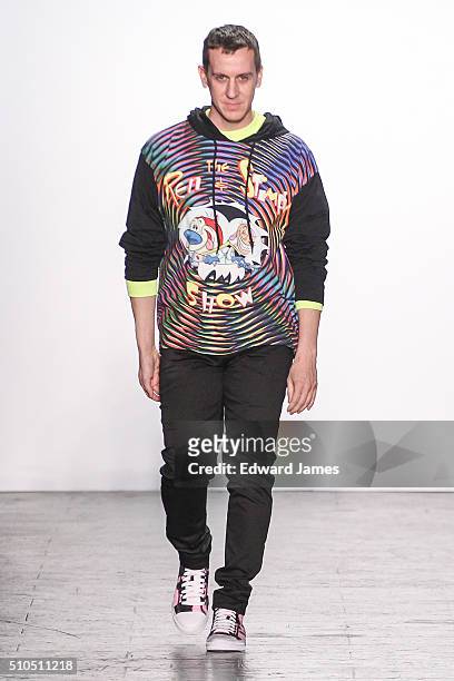 Designer Jeremy Scott walks the runway during the Jeremy Scott fashion show at The Arc, Skylight at Moynihan Station on February 15, 2016 in New York...