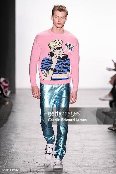 Model walks the runway during the Jeremy Scott fashion show at The Arc, Skylight at Moynihan Station on February 15, 2016 in New York City.