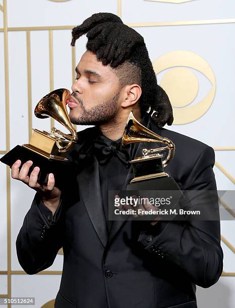 Musician The Weeknd, winner of the awards for Best R&B Performance for "Can't Feel My Face" and Best Urban Contemporary album for "Beauty Behind the...