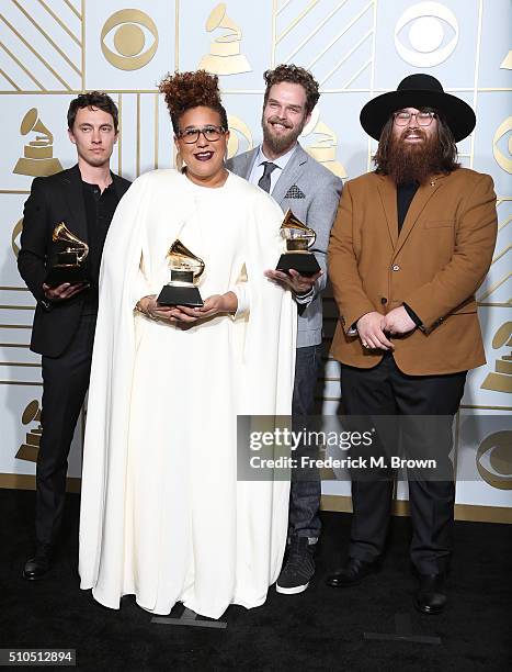 Musicians Heath Fogg, Brittany Howard, Steve Johnson, and Zac Cockrell of Alabama Shakes, winners of Best Alternative Music Album for 'Sound & Color'...