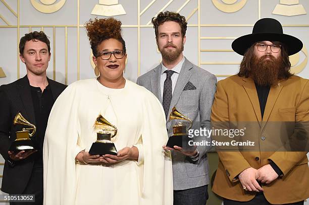 Recording artists Heath Fogg, Brittany Howard, Steve Johnson and Zac Cockrell of music group Alabama Shakes, winners of the Best Rock Performance and...