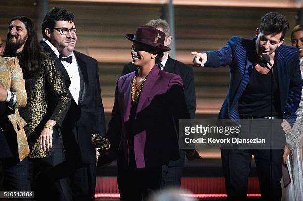 Producer Jeff Bhasker, recording artist Bruno Mars and producer Mark Ronson accept the Record Of The Year award for 'Uptown Funk' onstage during The...