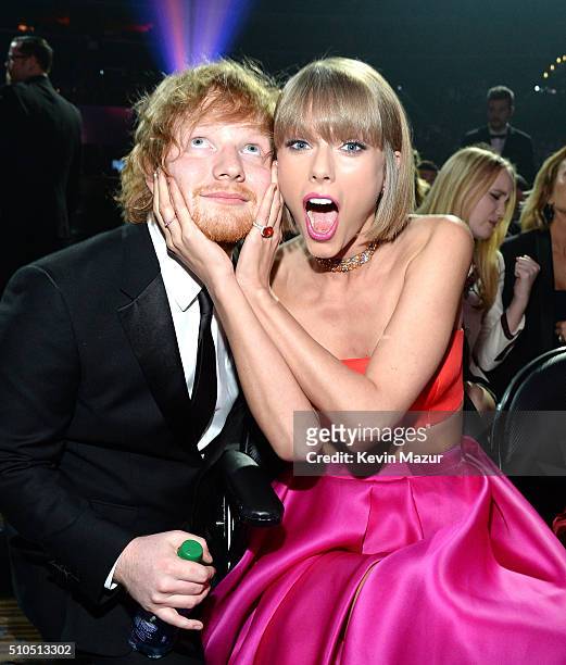 Ed Sheeran and Taylor Swift attends The 58th GRAMMY Awards at Staples Center on February 15, 2016 in Los Angeles, California.