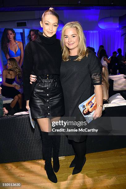 Model Gigi Hadid and Sports Illustrated editor, MJ Day pose together at the Sports Illustrated Swimsuit 2016 - Swim City at the Altman Building on...