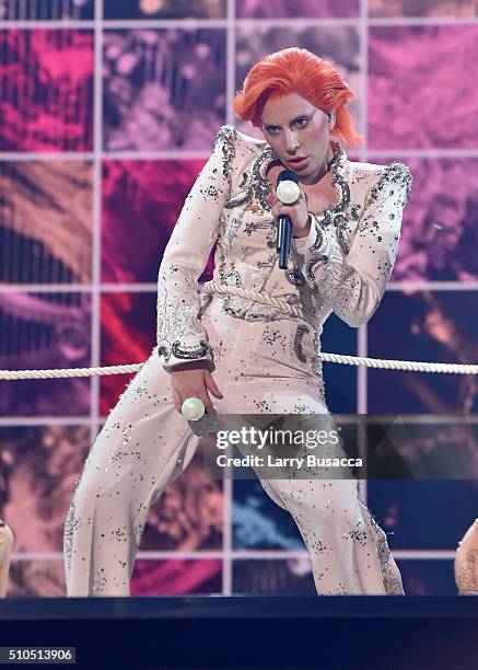 Singer Lady Gaga performs a tribute to the late David Bowie onstage during The 58th GRAMMY Awards at Staples Center on February 15, 2016 in Los...