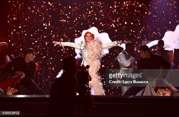 Singer Lady Gaga performs a tribute to the late David Bowie onstage during The 58th GRAMMY Awards at Staples Center on February 15, 2016 in Los...