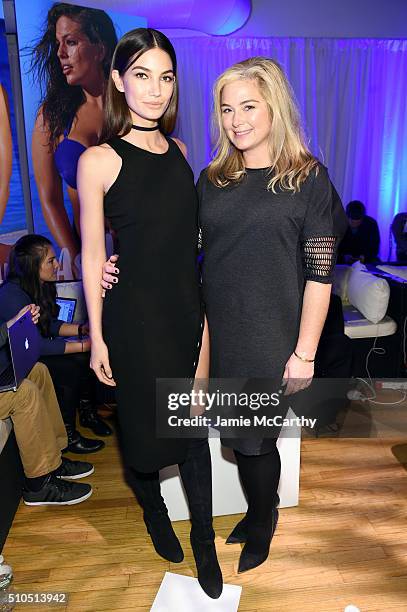 Model Lily Aldridge and Sports Illustrated editor, MJ Day pose together at the Sports Illustrated Swimsuit 2016 - Swim City at the Altman Building on...