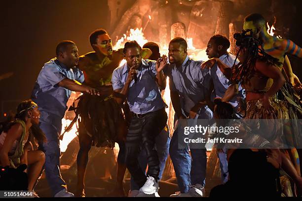 Rapper Kendrick Lamar performs onstage during The 58th GRAMMY Awards at Staples Center on February 15, 2016 in Los Angeles, California.