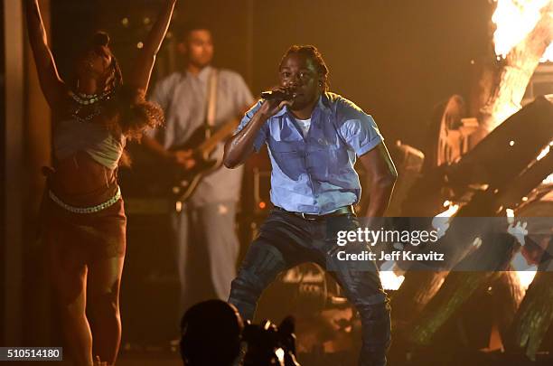 Rapper Kendrick Lamar performs onstage during The 58th GRAMMY Awards at Staples Center on February 15, 2016 in Los Angeles, California.