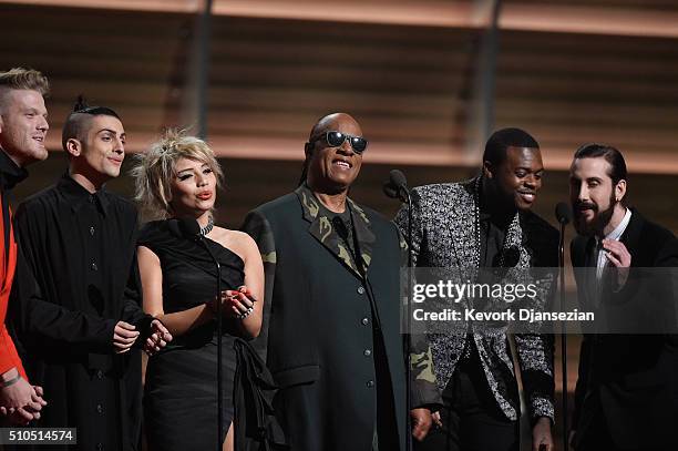 Recording artist Stevie Wonder and the Pentatonix present award for Song of the Year onstage during The 58th GRAMMY Awards at Staples Center on...