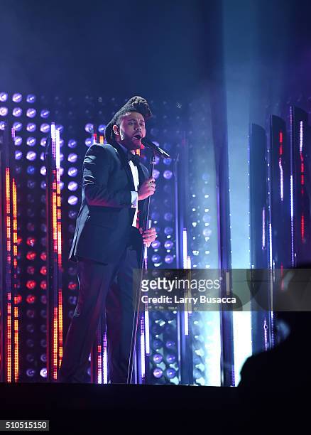 Musician The Weeknd performs onstage during The 58th GRAMMY Awards at Staples Center on February 15, 2016 in Los Angeles, California.
