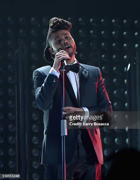 Musician The Weeknd onstage during The 58th GRAMMY Awards at Staples Center on February 15, 2016 in Los Angeles, California.