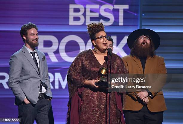 Musicians Steve Johnson, Brittany Howard and Zac Cockrell of Alabama Shakes accept the Best Rock Performance award for "Don't Wanna Fight" onstage...