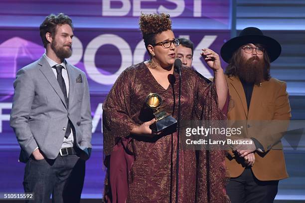 Musicians Steve Johnson, Brittany Howard and Zac Cockrell of Alabama Shakes accept the Best Rock Performance award for "Don't Wanna Fight" onstage...