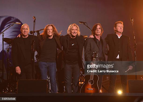 Musicians Bernie Leadon, Timothy B. Schmit, Joe Walsh, Jackson Browne and Don Henley, paying tribute to Eagles founder Glenn Frey, appear onstage...