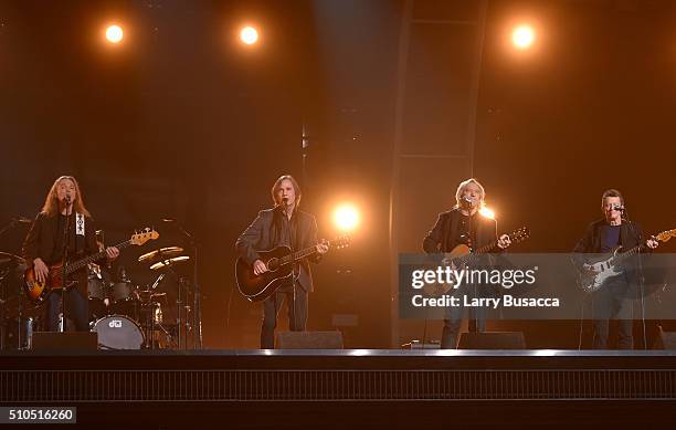 Musicians Timothy B. Schmit, Jackson Browne, Joe Walsh and Steuart Smith, paying tribute to Eagles founder Glenn Frey, perform onstage during The...