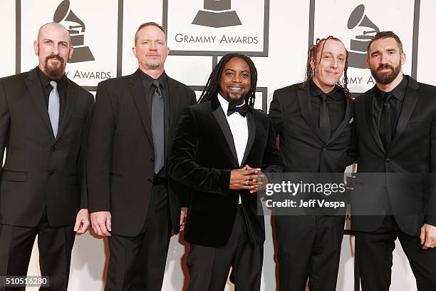 Recording artists John Connolly, Vince Hornsby, Lajon Witherspoon, Morgan Rose and Clint Lowery of Sevendust attend The 58th GRAMMY Awards at Staples...