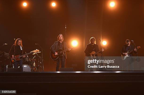 Musicians Timothy B. Schmit, Jackson Browne, Joe Walsh and Steuart Smith, paying tribute to Eagles founder Glenn Frey, perform onstage during The...