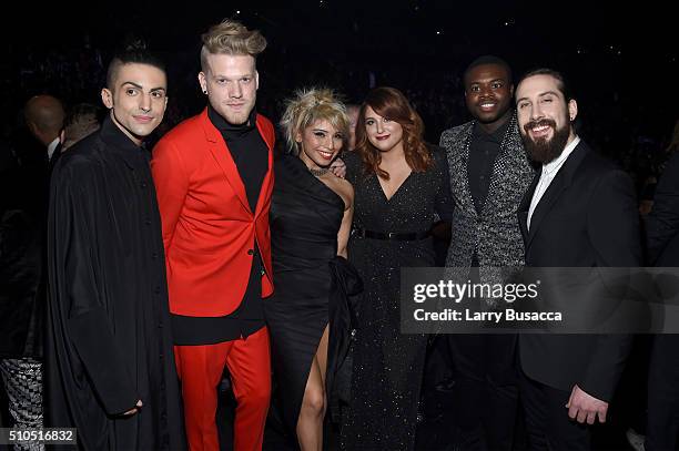 Singer Meghan Trainor , with singers Mitch Grassi, Scott Hoying, Kirstin Maldonado, Kevin Olusola and Avi Kaplan of Pentatonix, attends The 58th...