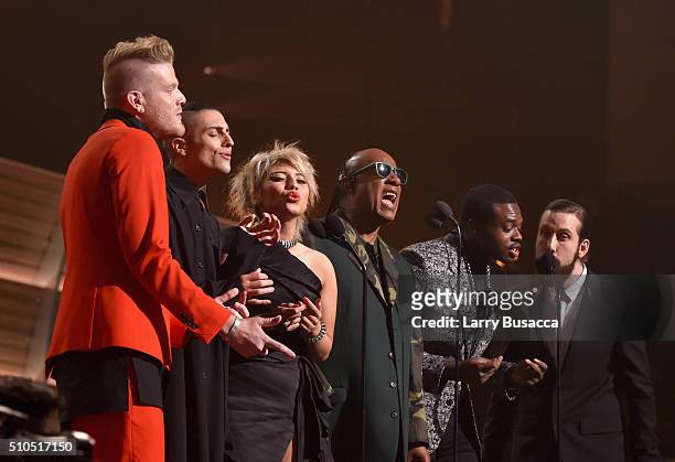 Singer Stevie Wonder with singers Scott Hoying, Mitch Grassi, Kirstin Maldonado, Kevin Olusola and Avi Kaplan of Pentatonix, performs a tribute to...