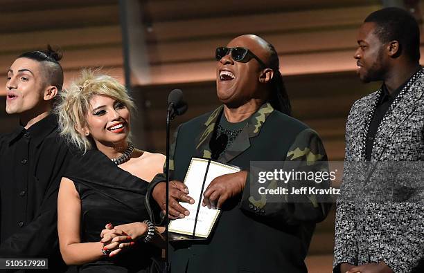 Recording artist Stevie Wonder and the Pentatonix present award for Song of the Year onstage onstage during The 58th GRAMMY Awards at Staples Center...