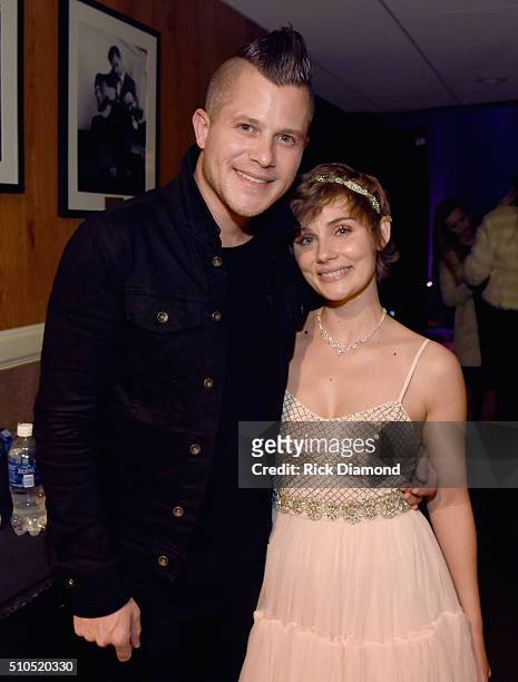 Recording Artist Brandon Young and fiancee Clare Bowen backstage during "Nashville for Africa" to benefit the African Children's Choir at Ryman...