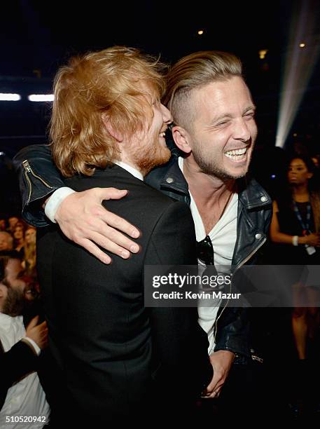 Musicians Ed Sheeran and Ryan Tedder of OneRepublic attends The 58th GRAMMY Awards at Staples Center on February 15, 2016 in Los Angeles, California.