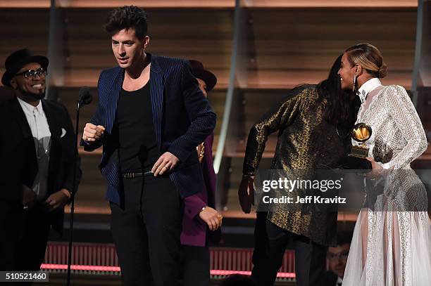 Producers Mark Ronson and Jeff Bhasker accept the award for Record of the Year with Bruno Mars onstage during The 58th GRAMMY Awards at Staples...