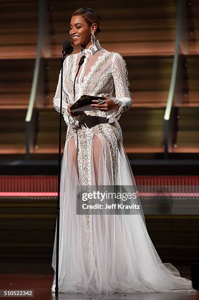 Singer Beyonce speaks onstage during The 58th GRAMMY Awards at Staples Center on February 15, 2016 in Los Angeles, California.