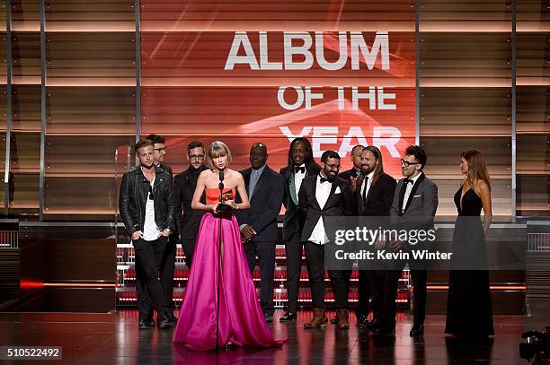Recording artist Taylor Swift accepts the Album of the Year award for '1989' onstage during The 58th GRAMMY Awards at Staples Center on February 15,...
