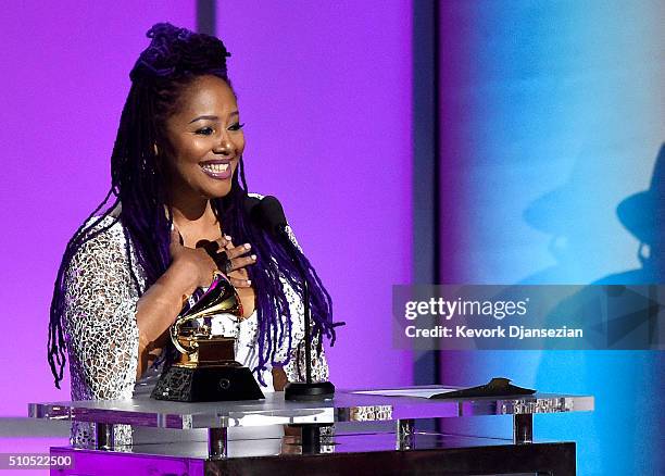 Singer Lalah Hathaway accepts the Grammy Award for Best Traditional R&B Performance for her song Little Ghetto Boy, onstage during the GRAMMY...